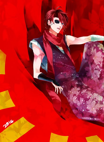 Anime picture 725x989 with d.gray-man lavi koshian (hishino) single tall image looking at viewer short hair sitting bent knee (knees) red hair traditional clothes parted lips japanese clothes aqua eyes sleeveless floral print reclining red background 2014 boy
