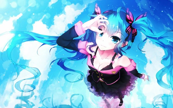 Anime picture 1650x1037 with vocaloid hatsune miku qys3 single blue eyes standing twintails sky cleavage cloud (clouds) very long hair from above wind aqua hair reflection looking up revision girl dress hair ornament