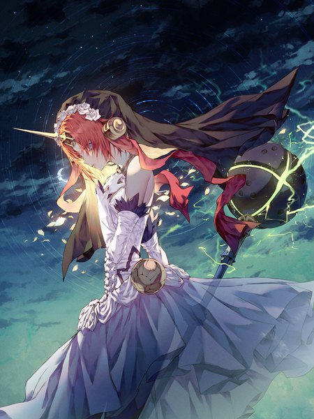 Anime picture 1125x1500 with fate (series) fate/apocrypha frankenstein's monster (fate) wanke single tall image looking at viewer short hair blue eyes bare shoulders holding cloud (clouds) red hair horn (horns) hand on chest girl dress gloves weapon detached sleeves