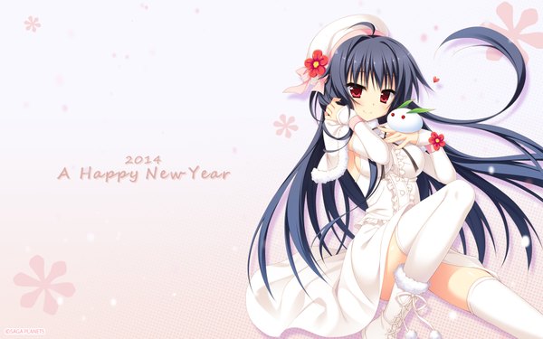 Anime picture 1920x1200 with karumaruka circle amagase natsuki single long hair blush highres black hair smile red eyes wide image new year happy new year 2014 girl thighhighs dress flower (flowers) white thighhighs beret snow rabbit