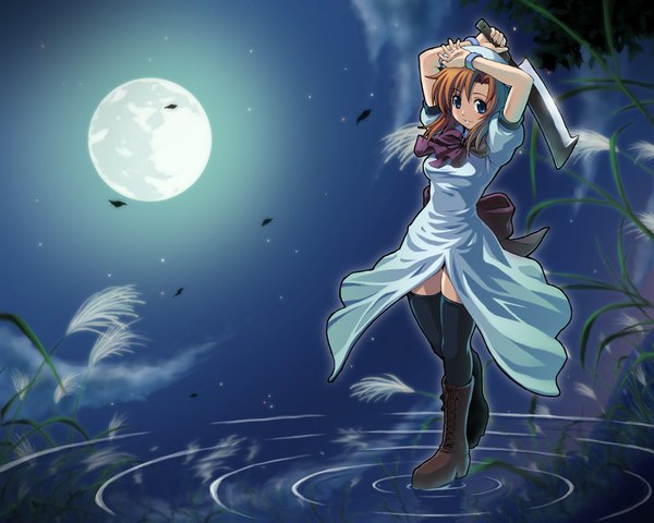 Anime picture 1280x1024 with higurashi no naku koro ni studio deen ryuuguu rena single looking at viewer breasts purple eyes orange hair night arms up short sleeves zettai ryouiki puffy sleeves night sky thighs glow girl dress bow weapon