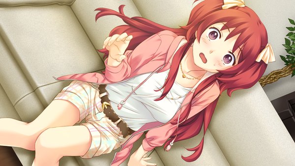 Anime picture 1280x720 with tsubasa o kudasai (game) single long hair open mouth wide image sitting brown eyes game cg red hair girl shorts pendant couch