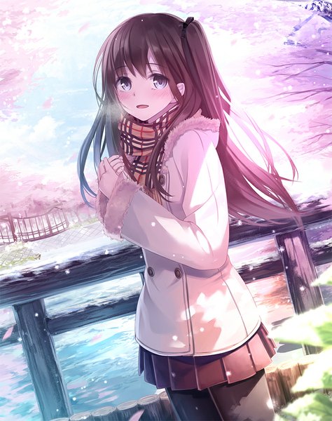 Anime picture 711x900 with original yasuno (airy light) single long hair tall image looking at viewer blush fringe open mouth brown hair standing twintails outdoors pleated skirt wind sunlight depth of field fur trim cherry blossoms snowing