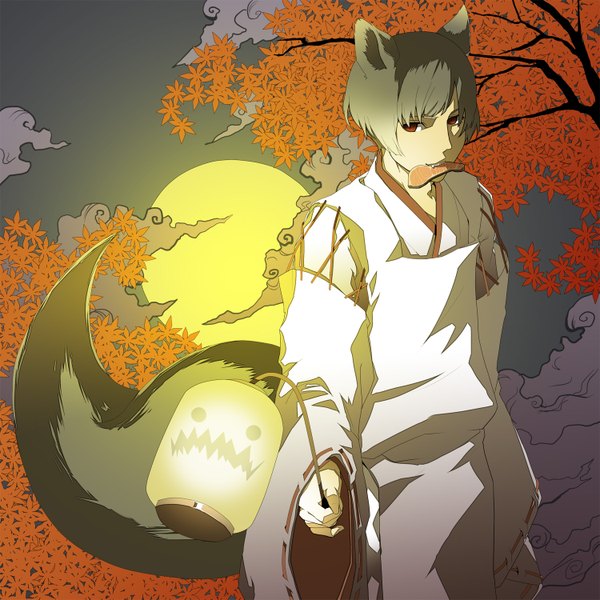 Anime picture 1500x1500 with axis powers hetalia studio deen japan (hetalia) short hair black hair red eyes animal ears traditional clothes japanese clothes cat ears teeth cat tail fang (fangs) mouth hold boy plant (plants) tree (trees) leaf (leaves) lantern