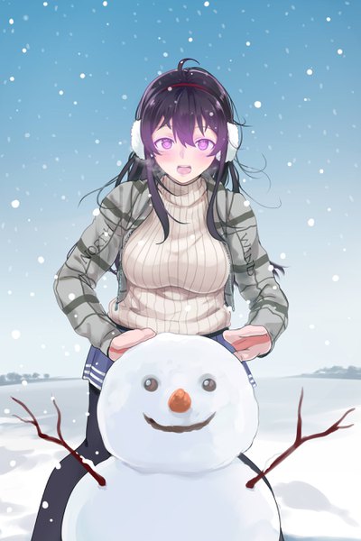 Anime picture 1800x2700 with original miyaura sanshio beifeng han north cold single long hair tall image fringe highres breasts open mouth black hair hair between eyes large breasts standing purple eyes sky ahoge outdoors :d