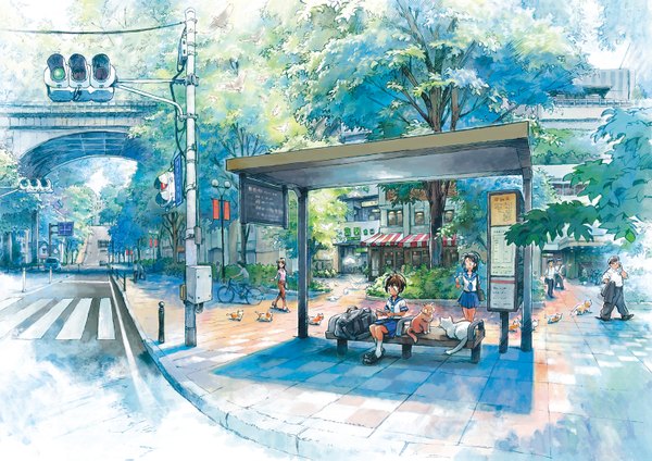 Anime picture 1500x1061 with mazda (artist) street girl plant (plants) tree (trees) serafuku cat bus stop