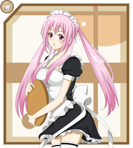 Anime picture 1570x1741 with original kinu (artist) single long hair tall image looking at viewer blush open mouth twintails pink hair pink eyes maid girl thighhighs white thighhighs headdress maid headdress tray