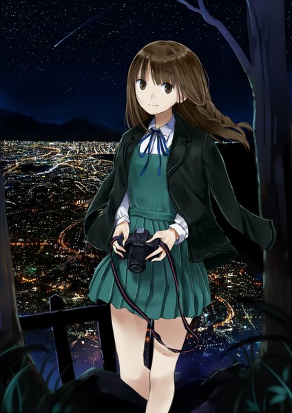 Anime picture 1100x1555 with original maigoyaki single long hair tall image brown hair brown eyes light smile open clothes open jacket night sky city lights shooting star girl uniform plant (plants) school uniform tree (trees) camera