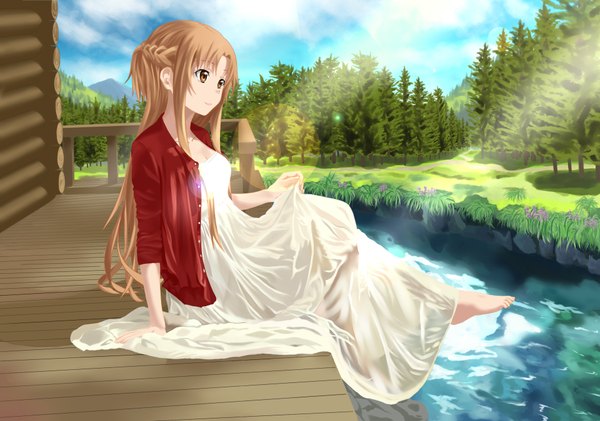 Anime picture 1920x1350 with sword art online a-1 pictures yuuki asuna kirito yi single long hair highres breasts smile brown hair sitting brown eyes looking away sky braid (braids) barefoot arm support lens flare river girl