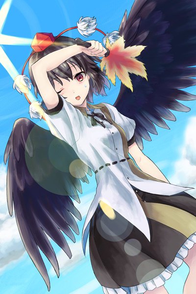 Anime picture 600x900 with touhou shameimaru aya akidzuki haruhi single tall image short hair open mouth black hair red eyes sky cloud (clouds) one eye closed arm up sunlight sweat black wings heat girl wings fan