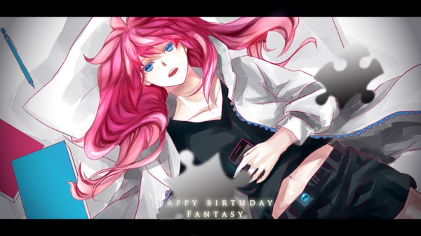 Anime picture 1366x768 with vocaloid megurine luka single long hair looking at viewer fringe open mouth wide image pink hair lying aqua eyes alternate costume girl skirt navel jacket belt phone