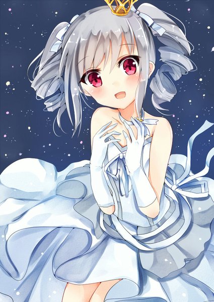 Anime picture 644x910 with idolmaster idolmaster cinderella girls kanzaki ranko asanagi kurumi (panda-doufu) single tall image looking at viewer blush short hair open mouth red eyes twintails bare shoulders payot silver hair from above drill hair short twintails girl dress