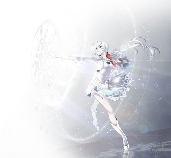Anime picture 1000x927 with rwby rooster teeth weiss schnee putty (artist) single long hair simple background standing holding green eyes looking away silver hair white hair ponytail very long hair wind magic light battle girl