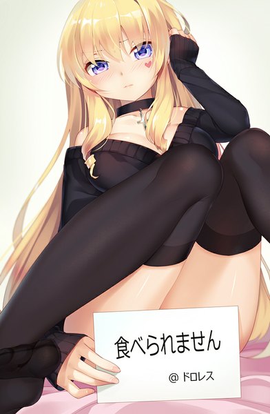 Anime picture 653x1000 with original delores (mvv) mvv single long hair tall image looking at viewer blush blue eyes light erotic blonde hair legs girl thighhighs black thighhighs sweater
