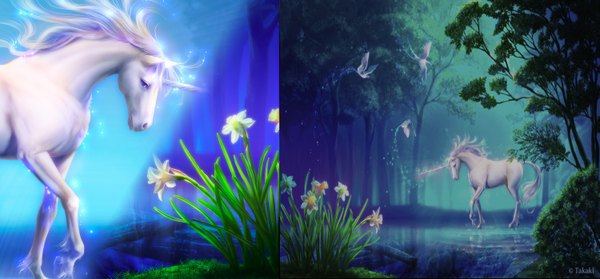 Anime picture 1499x699 with takashi mare wide image glowing blue background multiview flower (flowers) animal tree (trees) water bird (birds) forest unicorn