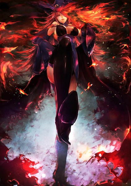 Anime picture 724x1024 with blazblue blazblue: central fiction konoe a mercury gurameri single long hair tall image fringe breasts light erotic large breasts bare shoulders yellow eyes looking away cleavage bent knee (knees) red hair hair over one eye high heels girl