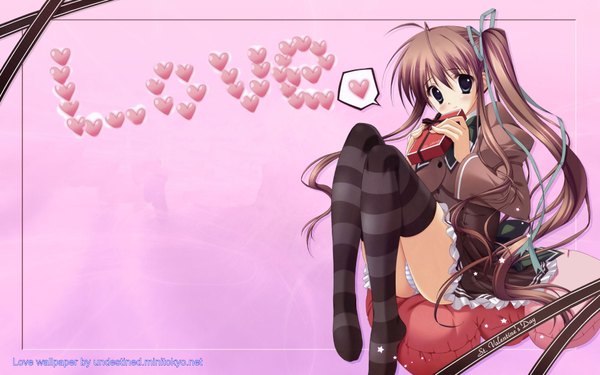 Anime picture 1920x1200 with akane iro ni somaru saka nagase minato long hair highres light erotic simple background brown hair wide image twintails black eyes pantyshot girl thighhighs serafuku heart pillow striped thighhighs