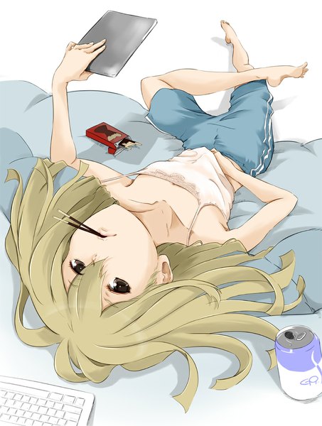 Anime picture 832x1100 with robotics;notes production i.g koujiro frau get9 single long hair tall image fringe blonde hair holding brown eyes lying upside down girl shorts sweets pocky blanket computer keyboard