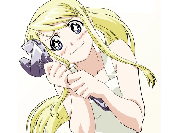 Anime picture 2048x1536 with fullmetal alchemist studio bones winry rockbell single long hair blush fringe highres blue eyes blonde hair simple background smile white background ponytail head tilt girl wrench