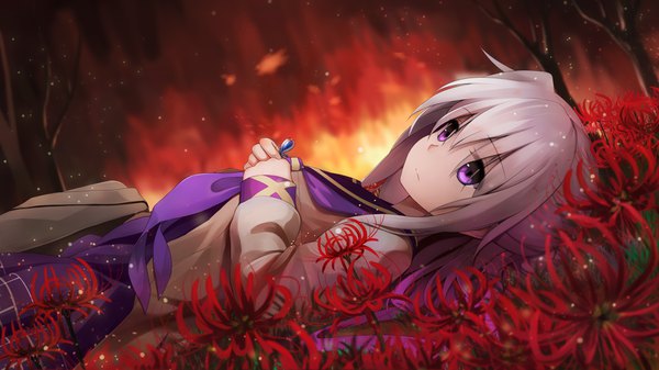 Anime picture 4000x2250 with warship girls r yukikaze (warship girls r) xiaoyin li single long hair fringe highres hair between eyes wide image purple eyes holding looking away absurdres silver hair lying long sleeves blurry on back dutch angle depth of field