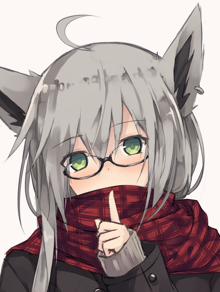 Anime picture 1282x1702 with original nagishiro mito single long hair tall image looking at viewer blush fringe simple background hair between eyes green eyes animal ears ahoge upper body head tilt grey hair grey background fox ears covered mouth girl