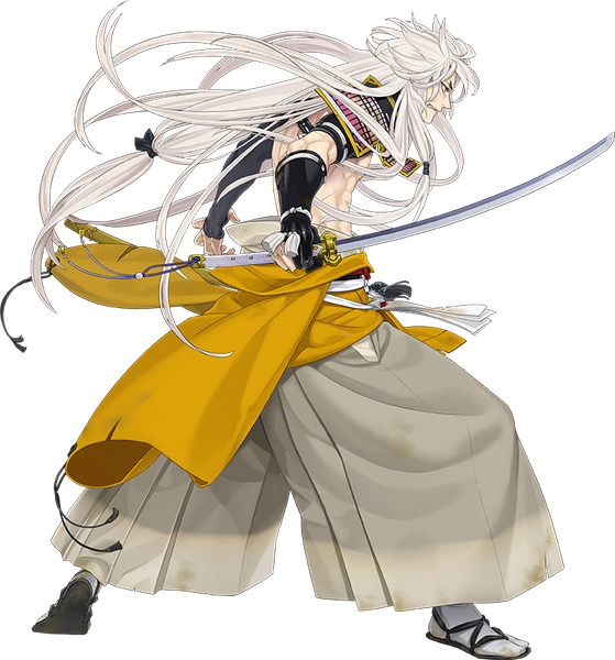 Anime picture 761x816 with touken ranbu nitroplus kogitsunemaru ipev single tall image yellow eyes full body white hair very long hair traditional clothes japanese clothes profile official art grin transparent background fighting stance boy weapon sword