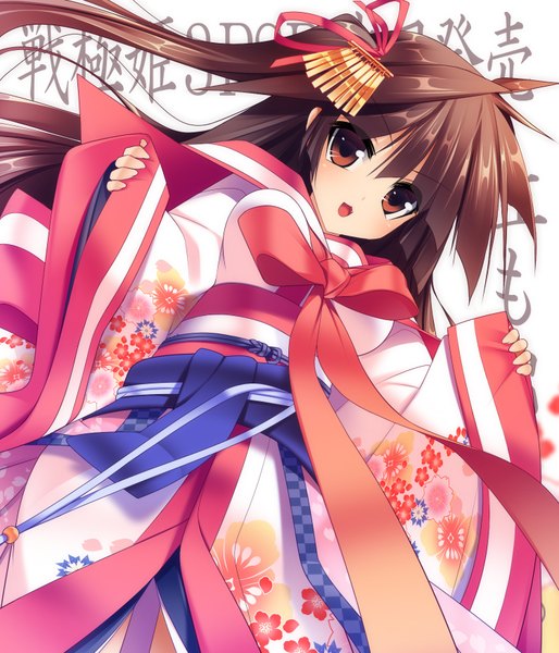 Anime picture 1500x1750 with original dragonmaterial long hair tall image open mouth black hair brown eyes traditional clothes girl hair ornament ribbon (ribbons) hair ribbon obi