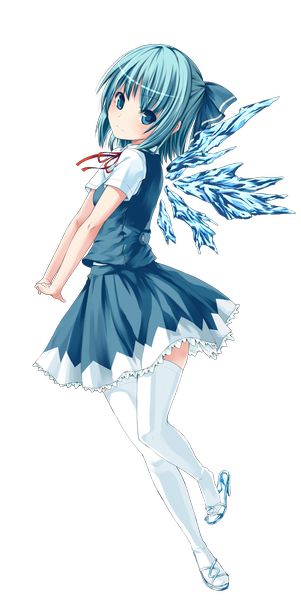Anime picture 1666x3319 with touhou cirno tagme (artist) single tall image looking at viewer blue eyes blue hair full body high heels zettai ryouiki interlocked fingers girl thighhighs dress ribbon (ribbons) hair ribbon white thighhighs wings transparent clothing