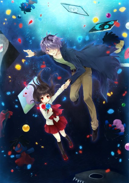 Anime picture 849x1200 with ib (game) garry (ib) ib (ib) uduki eri long hair tall image fringe short hair black hair red eyes purple eyes purple hair hair over one eye underwater girl boy skirt uniform flower (flowers) school uniform