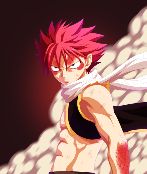 Anime picture 2145x2536 with fairy tail natsu dragneel advance996 single tall image highres short hair green eyes pink hair sleeveless coloring torn clothes smoke muscle angry brown background boy scarf