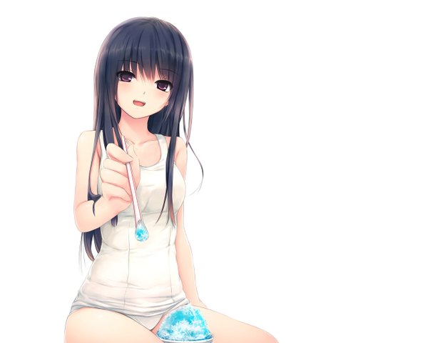 Anime picture 1280x1024 with original shiramine rika coffee-kizoku single long hair open mouth light erotic black hair red eyes bare shoulders bare legs girl underwear swimsuit food one-piece swimsuit school swimsuit white school swimsuit shaved ice