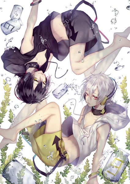 Anime picture 900x1271 with kagerou project shaft (studio) konoha (kagerou project) kuroha mizutama (mao11260510) tall image looking at viewer fringe short hair black hair smile hair between eyes red eyes white background yellow eyes silver hair barefoot multiple boys bare belly upside down
