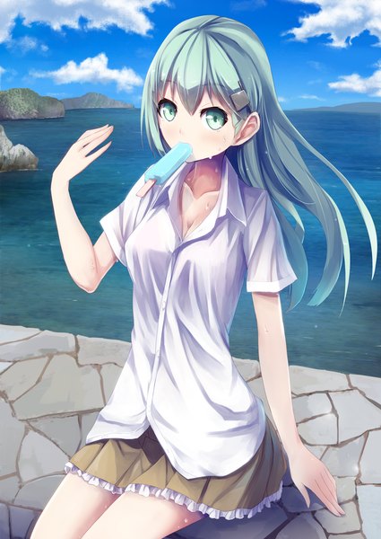 Anime picture 1062x1500 with kantai collection suzuya heavy cruiser konkito single long hair tall image looking at viewer blue eyes blue hair sky cloud (clouds) girl skirt shirt food sweets sea ice cream