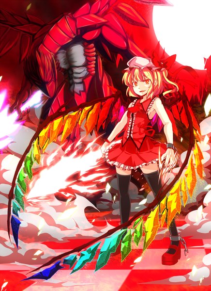 Anime picture 1091x1500 with touhou flandre scarlet byoubyou tall image short hair blonde hair red eyes one side up checkered floor girl thighhighs skirt black thighhighs wings bonnet skirt set