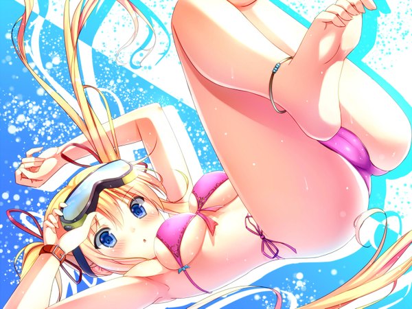 Anime picture 1500x1125 with original alexmaster single long hair blush breasts blue eyes light erotic blonde hair twintails cameltoe girl swimsuit bikini goggles