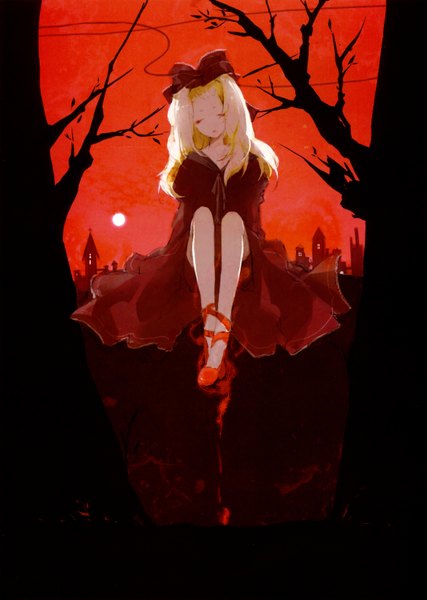 Anime picture 2335x3277 with lumie`re & ombres (artbook) single long hair tall image highres blonde hair sitting eyes closed bondage girl bow plant (plants) hair bow tree (trees) building (buildings) moon branch
