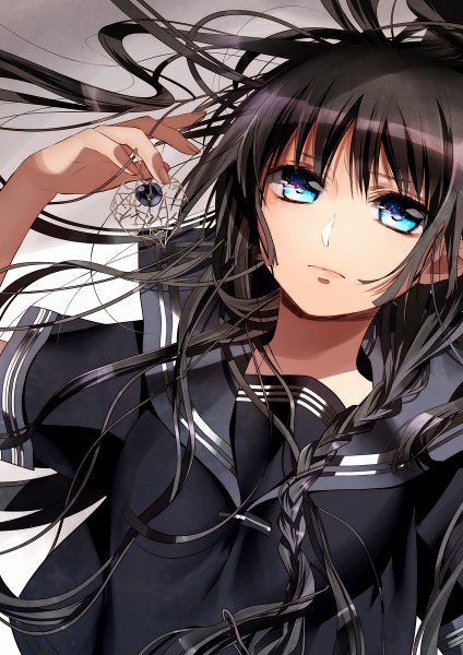 Anime picture 848x1200 with original murakami yuichi long hair tall image fringe blue eyes black hair lying braid (braids) close-up girl uniform serafuku physalis