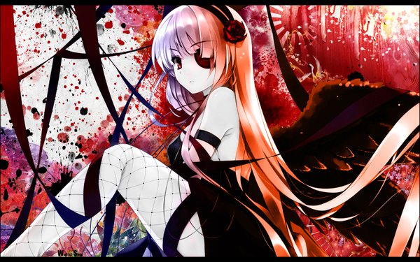 Anime picture 1500x938 with original misaki kurehito snyp (r0pyns) single long hair fringe blonde hair red eyes wide image sitting very long hair abstract girl hair ornament ribbon (ribbons) pantyhose hairband eyepatch fishnet pantyhose