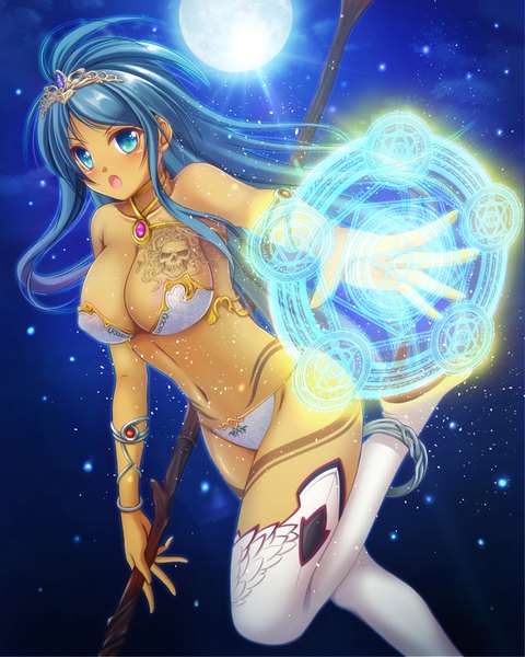 Anime picture 720x900 with original aocchi single long hair tall image looking at viewer blush breasts open mouth blue eyes light erotic large breasts blue hair tattoo magic girl thighhighs navel white thighhighs staff