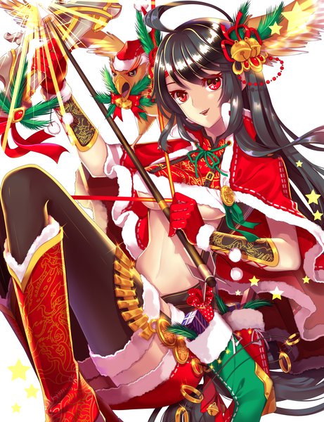 Anime picture 2000x2600 with original agrt long hair tall image looking at viewer highres open mouth black hair red eyes ahoge midriff christmas girl thighhighs gloves hair ornament weapon black thighhighs animal boots