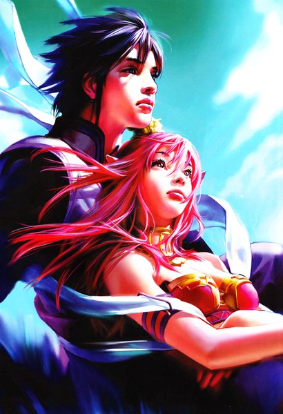 Anime picture 3043x4444 with benjamin (zhang bin) long hair tall image highres short hair brown eyes blue hair pink hair absurdres sky pointy ears black eyes couple girl boy ribbon (ribbons)