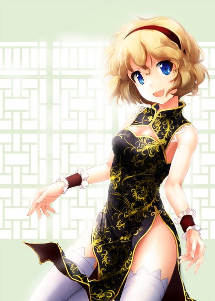 Anime picture 1110x1553 with touhou alice margatroid ikamagu single tall image blush short hair open mouth blue eyes light erotic blonde hair simple background smile bare shoulders alternate costume wariza chinese clothes girl thighhighs dress