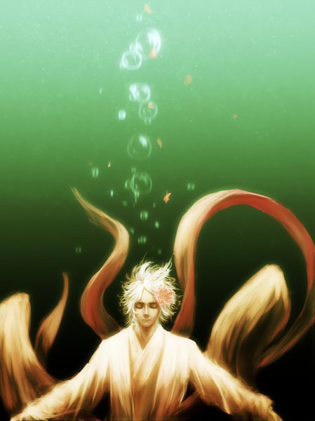 Anime picture 1416x1892 with sengoku basara production i.g motochika chousokabe mujunno single tall image short hair white hair eyes closed spread arms underwater green background boy bubble (bubbles)