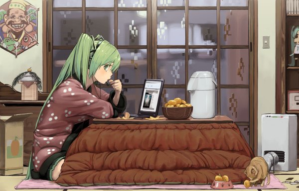 Anime picture 2150x1378 with vocaloid hatsune miku domo1220 single long hair highres sitting twintails aqua eyes aqua hair eating girl food headphones cat fruit laptop kotatsu