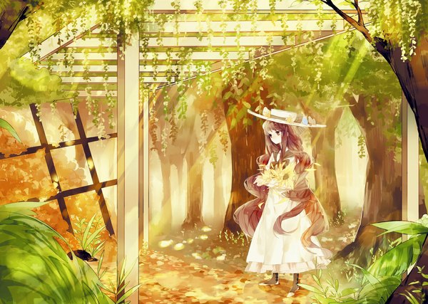 Anime picture 1181x842 with original seicho single long hair brown hair brown eyes looking away girl dress flower (flowers) plant (plants) hat tree (trees)