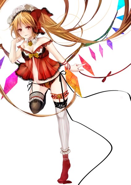 Anime picture 1131x1600 with touhou flandre scarlet memai single tall image looking at viewer blush light erotic simple background blonde hair red eyes white background very long hair side ponytail asymmetrical clothes girl thighhighs underwear panties bow