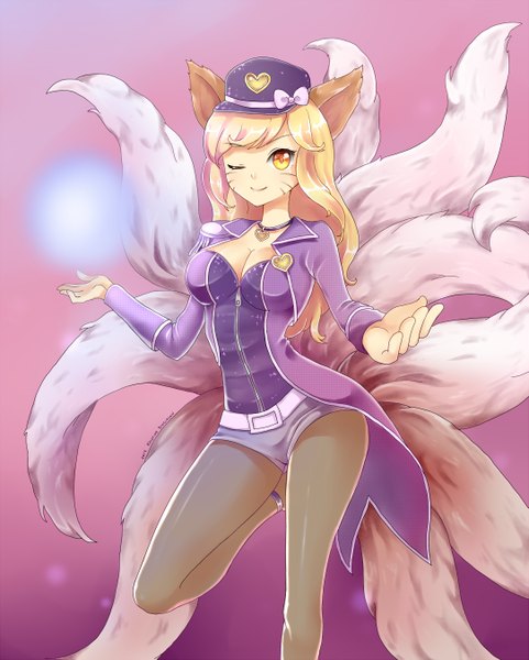 Anime picture 1083x1350 with league of legends ahri (league of legends) popstar ahri (league of legends) keichan single long hair tall image looking at viewer simple background blonde hair smile animal ears yellow eyes cleavage tail animal tail one eye closed wink alternate costume fox ears