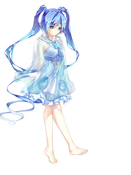 Anime picture 1211x1621 with vocaloid hatsune miku hmniao single long hair tall image blue eyes simple background white background twintails blue hair barefoot girl dress