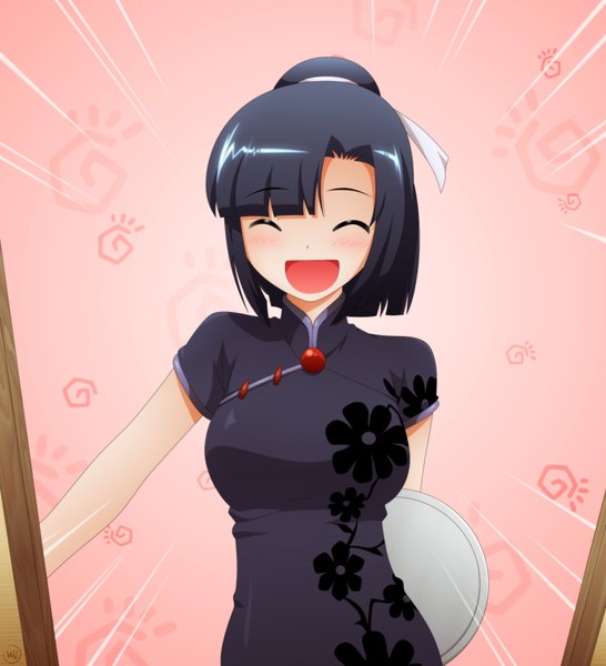 Anime picture 1700x1869 with kami nomi zo shiru sekai uemoto sumire von-cx (van-dinex) single tall image blush short hair open mouth black hair smile eyes closed coloring chinese clothes girl chinese dress tray