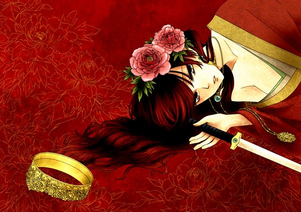 Anime picture 1600x1129 with akatsuki no yona studio pierrot yona (akatsuki no yona) single long hair fringe red hair lying traditional clothes parted lips grey eyes floral print red background princess girl hair ornament flower (flowers) weapon earrings sword